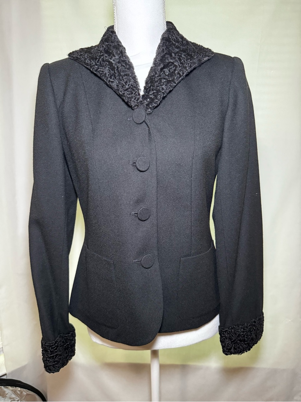 George Simonton Black Tailored Jacket with Curly Faux-Fur Trim